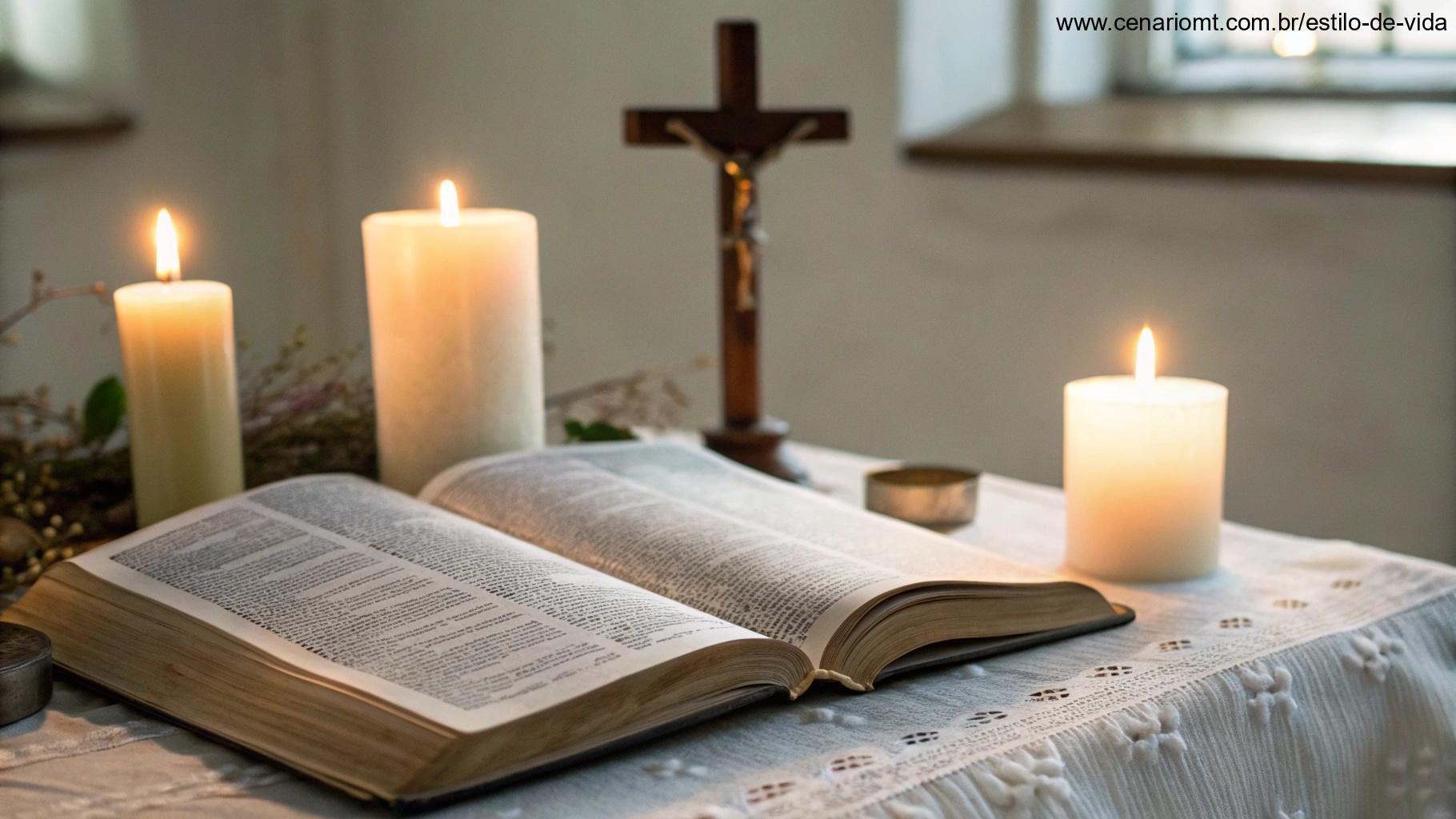 Imagem de uma Bíblia aberta com um suave brilho, uma cruz e velas ao redor, simbolizando meditação diária e oração.