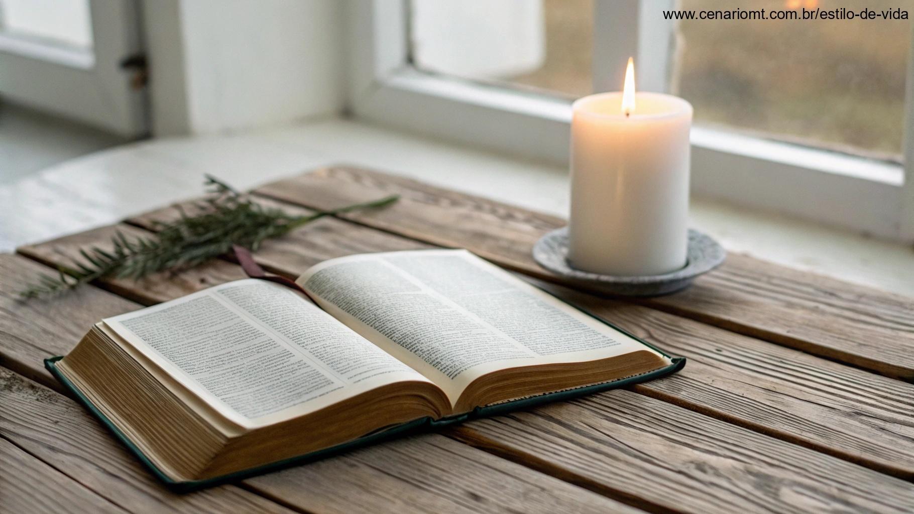 Imagem de um livro devocional diário aberto sobre uma mesa, com uma vela acesa ao lado, simbolizando a liturgia para o sábado, 08 de março de 2025.