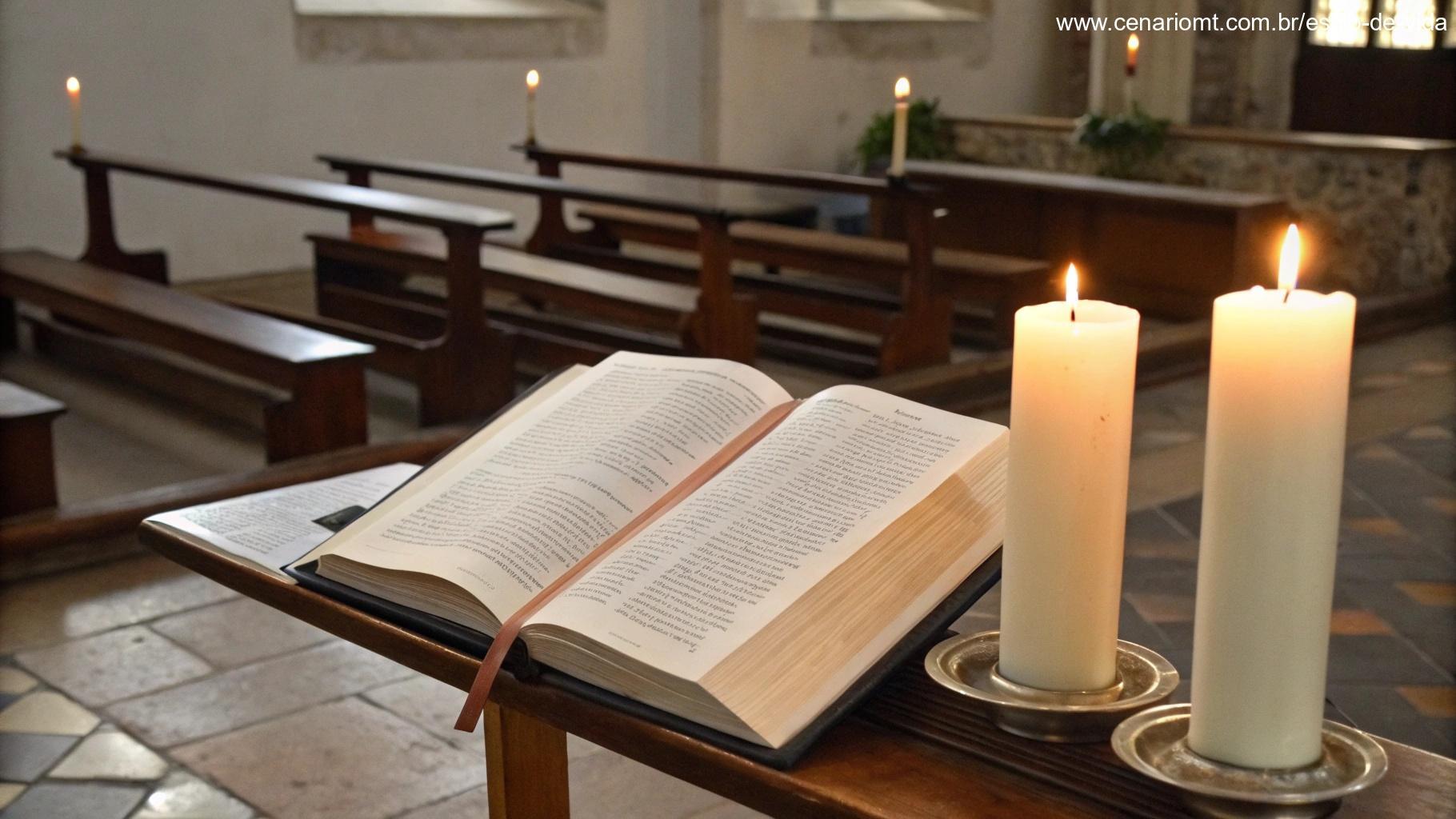 Imagem de um cenário bonito com escrituras abertas e velas, representando um momento de reflexão e oração litúrgica diária.