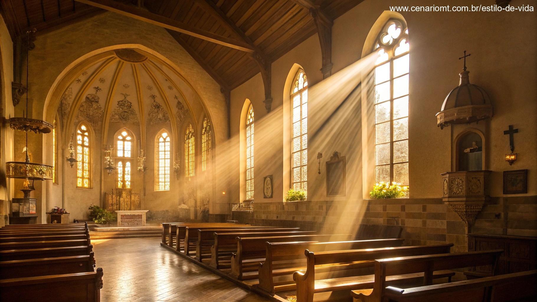 Interior sereno de igreja com luz do sol entrando pelas janelas, representando a liturgia diária e reflexão espiritual.