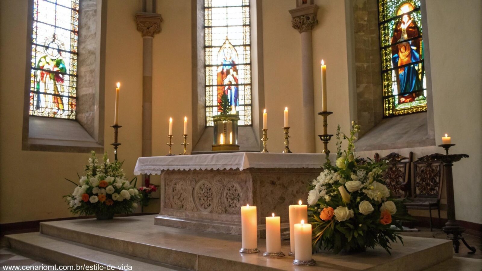 Altar de igreja com velas acesas e flores, com luz suave entrando pelas janelas de vitral.