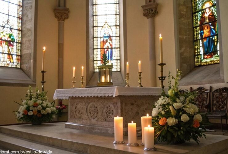 Altar de igreja com velas acesas e flores, com luz suave entrando pelas janelas de vitral.
