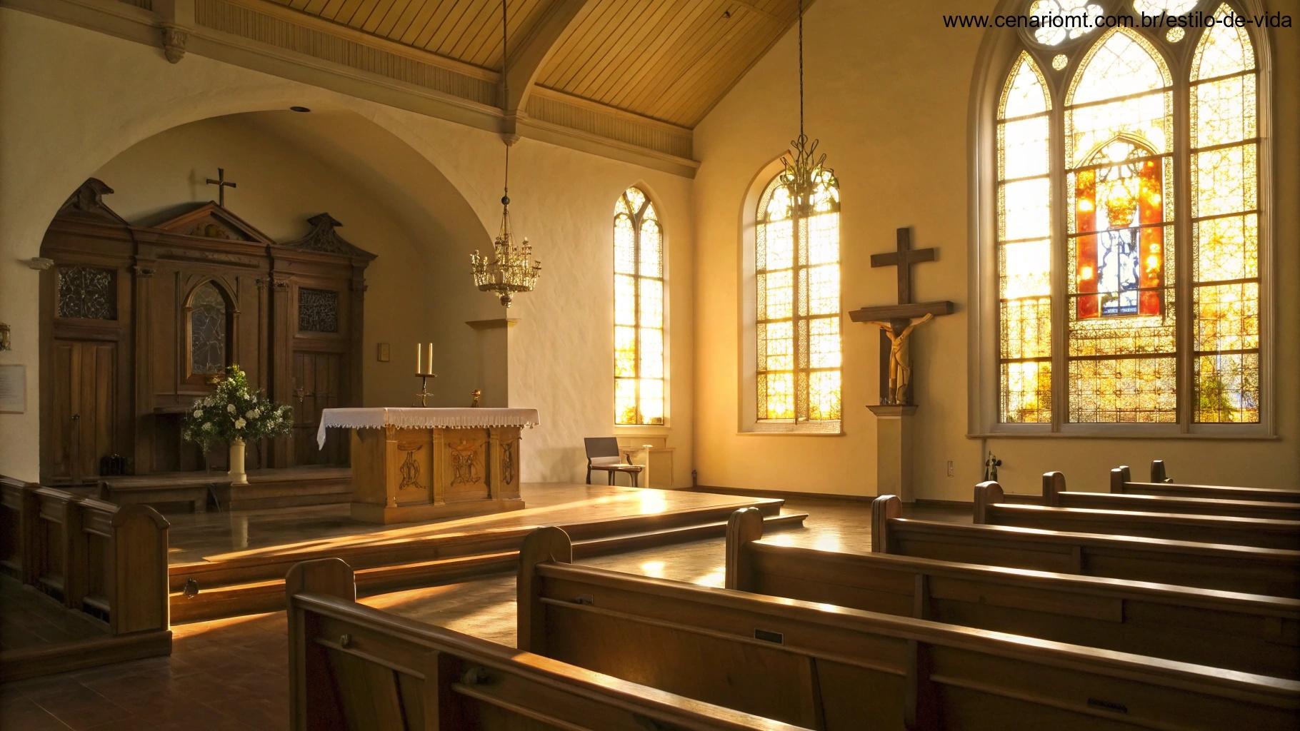 Interior de igreja calma com luz dourada suave entrando pelas janelas de vitral, iluminando um altar de madeira e bancos, criando uma atmosfera pacífica para oração.