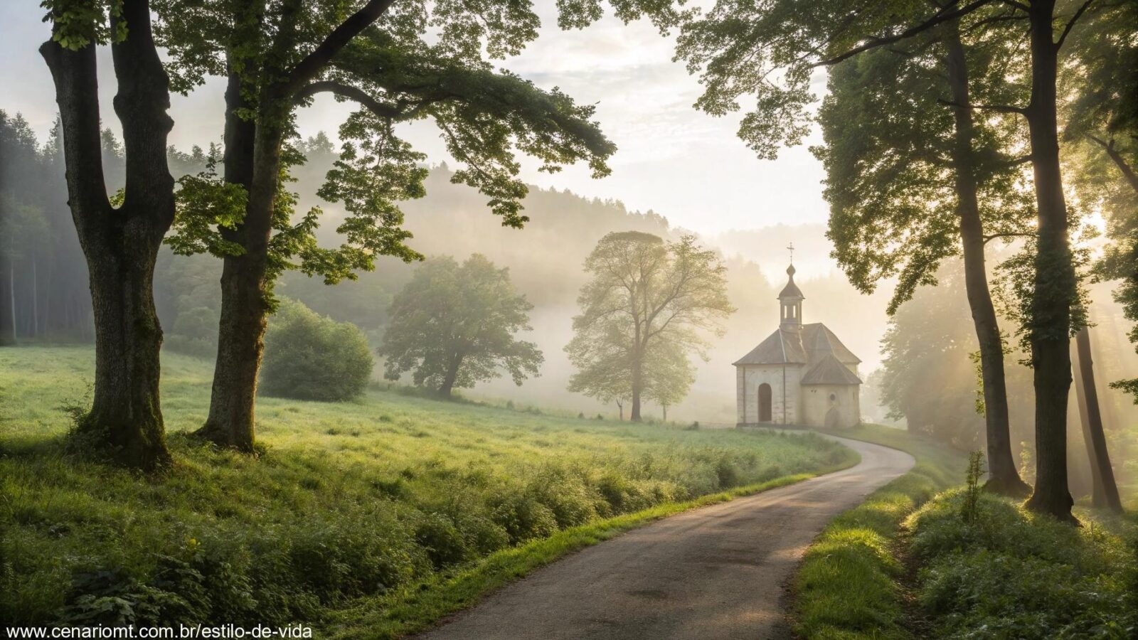 Paisagem tranquila e serena com luz suave da manhã filtrando através das árvores, uma pequena capela ao fundo e um caminho calmo levando até ela, cercado por natureza verde e névoa suave.