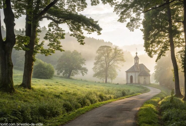 Paisagem tranquila e serena com luz suave da manhã filtrando através das árvores, uma pequena capela ao fundo e um caminho calmo levando até ela, cercado por natureza verde e névoa suave.