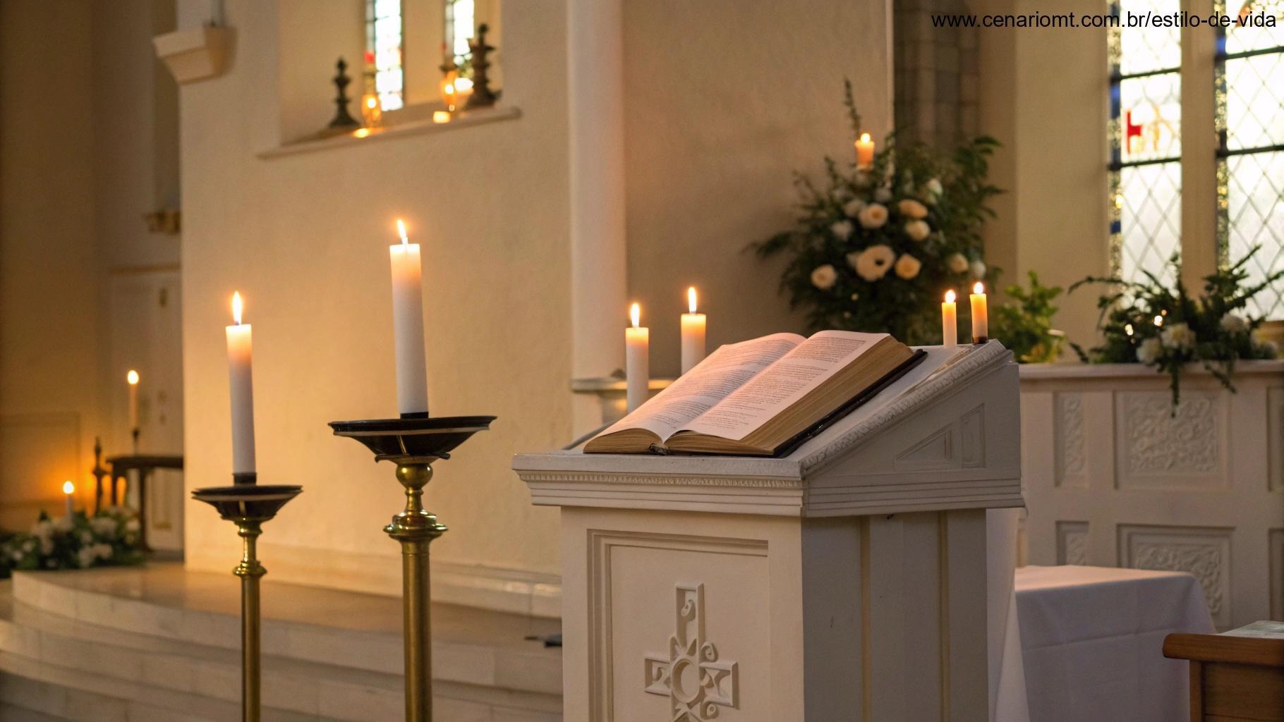 Altar de igreja com velas acesas, uma Bíblia aberta no púlpito e iluminação suave, criando uma atmosfera serena, simbolizando a liturgia do dia e um senso de devoção.