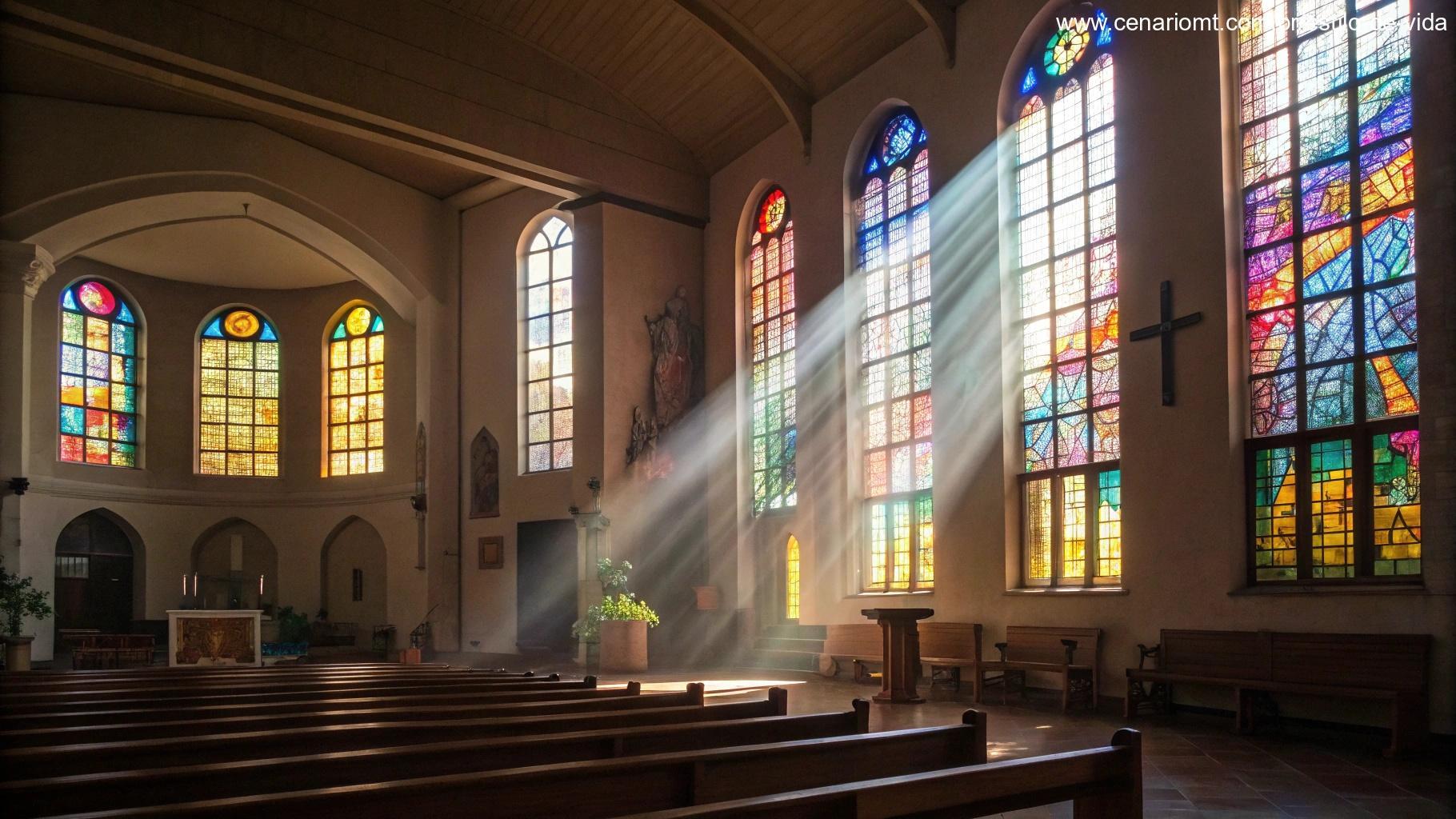 Interior sereno de uma igreja com vitrais e luz do sol passando por eles, simbolizando a liturgia de domingo