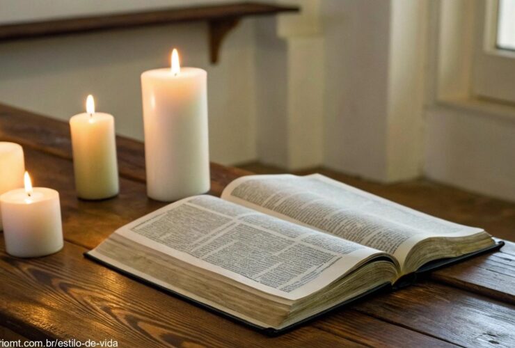 Imagem de uma Bíblia aberta em uma mesa de madeira com velas acesas ao redor, simbolizando um momento de reflexão e oração no domingo