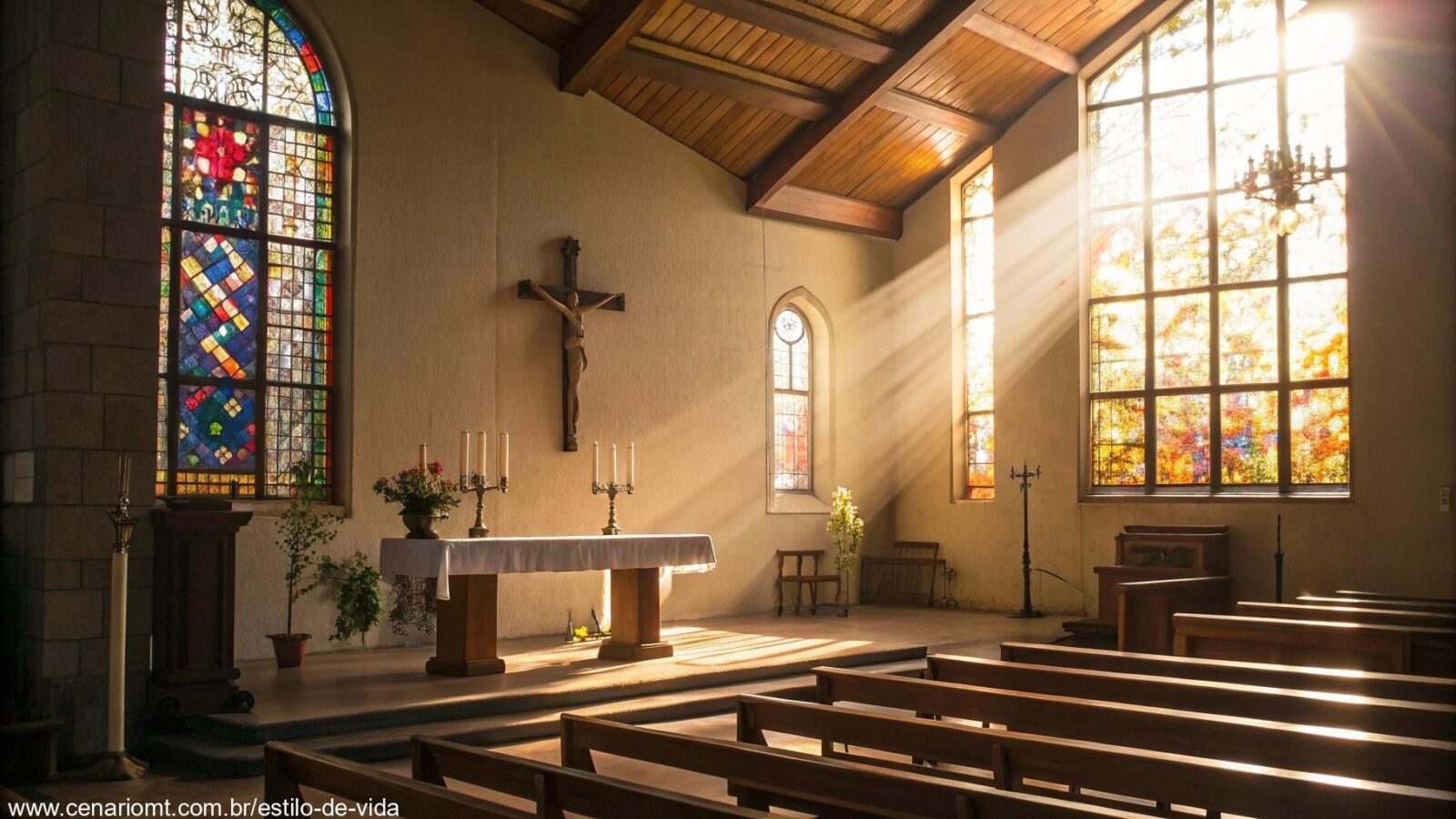 Interior de uma igreja tranquila com luz do sol entrando suavemente por vitrais, bancos de madeira e um altar simples adornado com uma cruz e velas