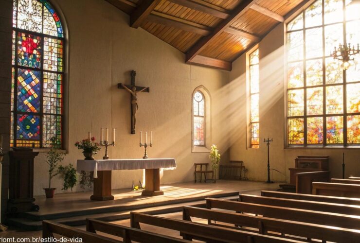 Interior de uma igreja tranquila com luz do sol entrando suavemente por vitrais, bancos de madeira e um altar simples adornado com uma cruz e velas