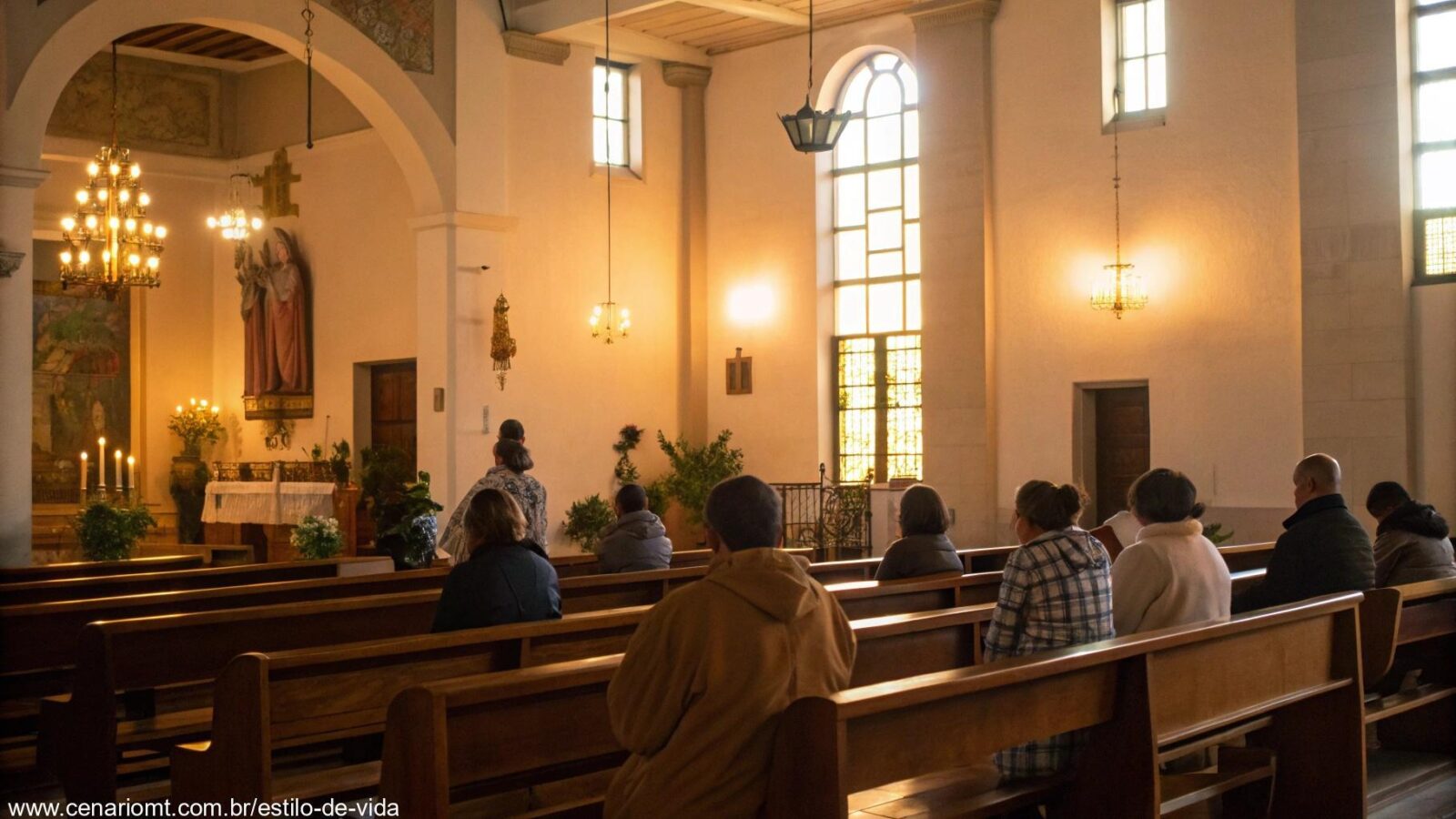 Interior tranquilo de uma igreja com luz suave, onde um grupo de pessoas está reunido em oração em uma manhã de domingo, refletindo sobre os ensinamentos espirituais.