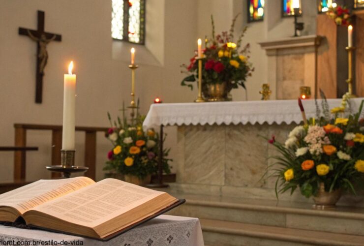 Altar de igreja com velas e flores, simbolizando o Dia Internacional da Mulher em 08 de março de 2025.