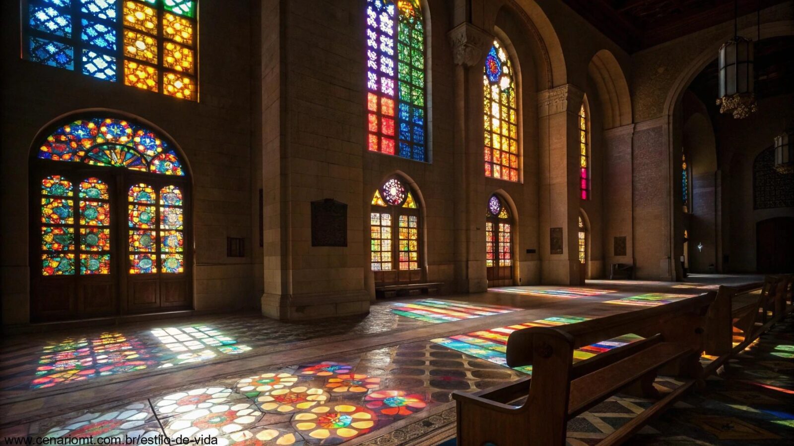 Cena tranquila de um interior de igreja com luz suave vindo através das janelas de vitrais, destacando a reflexão da liturgia do dia.