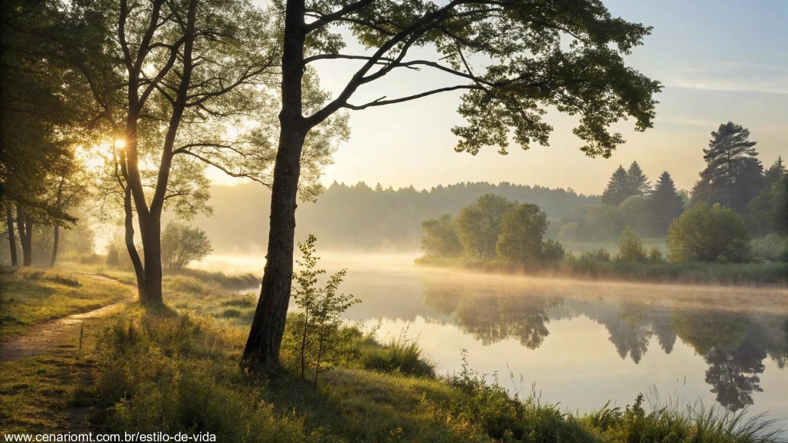 Paisagem serena e tranquila pela manhã, com a luz suave do sol filtrando pelas árvores, simbolizando reflexão e contemplação para o dia.