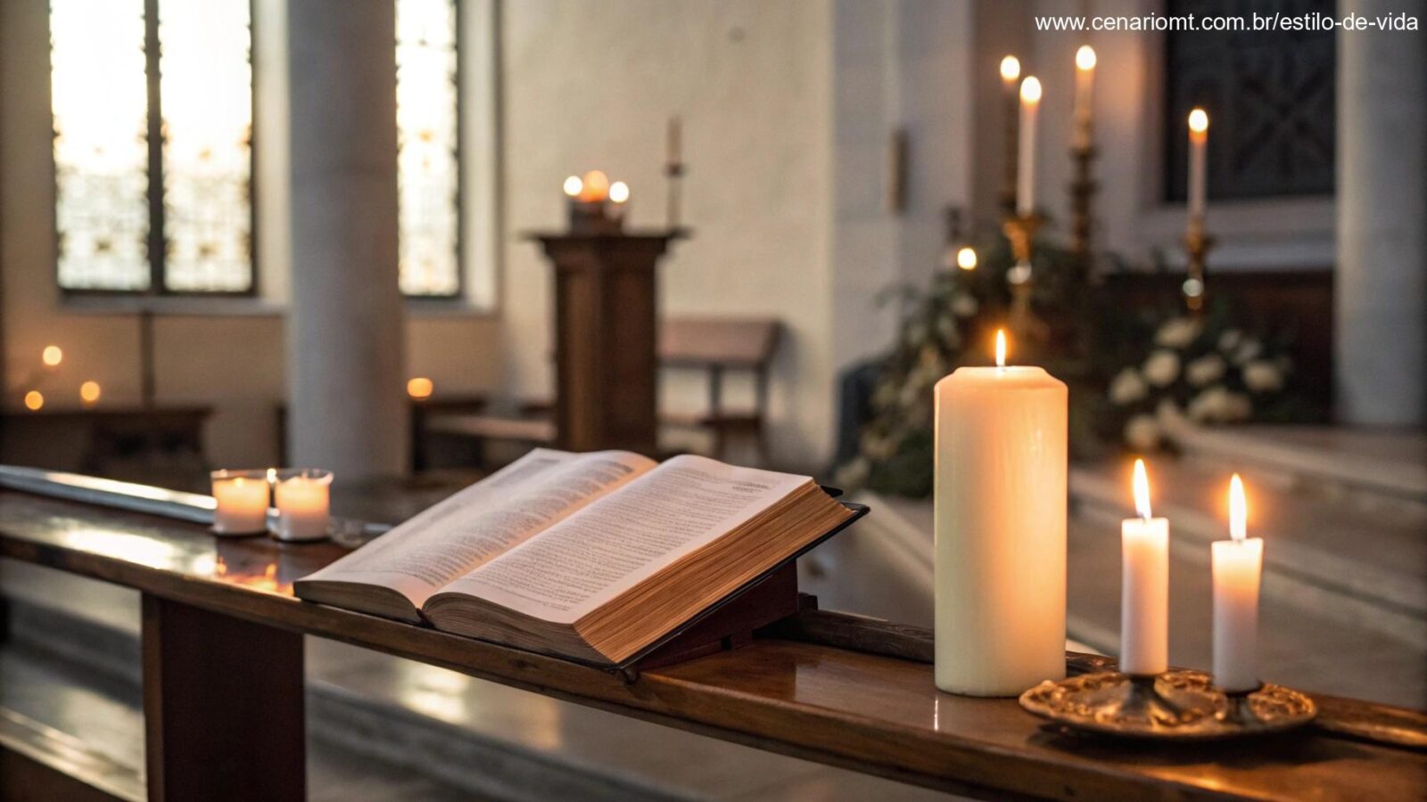 Imagem de um altar de oração com velas e uma Bíblia aberta, transmitindo calma e devoção.