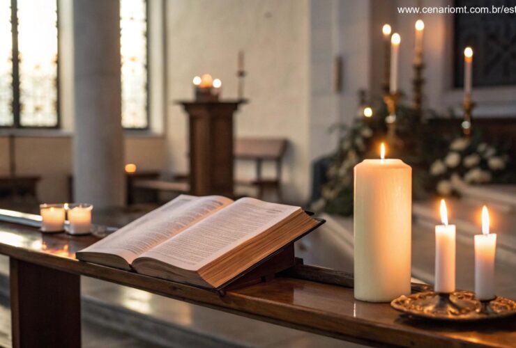 Imagem de um altar de oração com velas e uma Bíblia aberta, transmitindo calma e devoção.