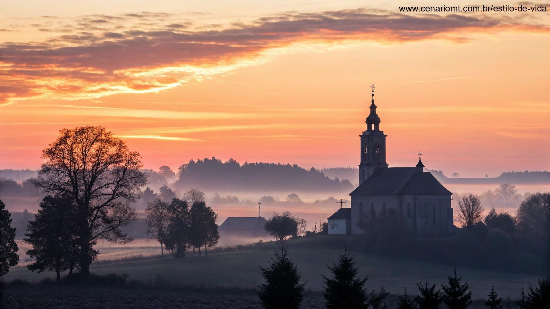 Imagem de um amanhecer sobre uma igreja, simbolizando o início de um novo dia de oração.