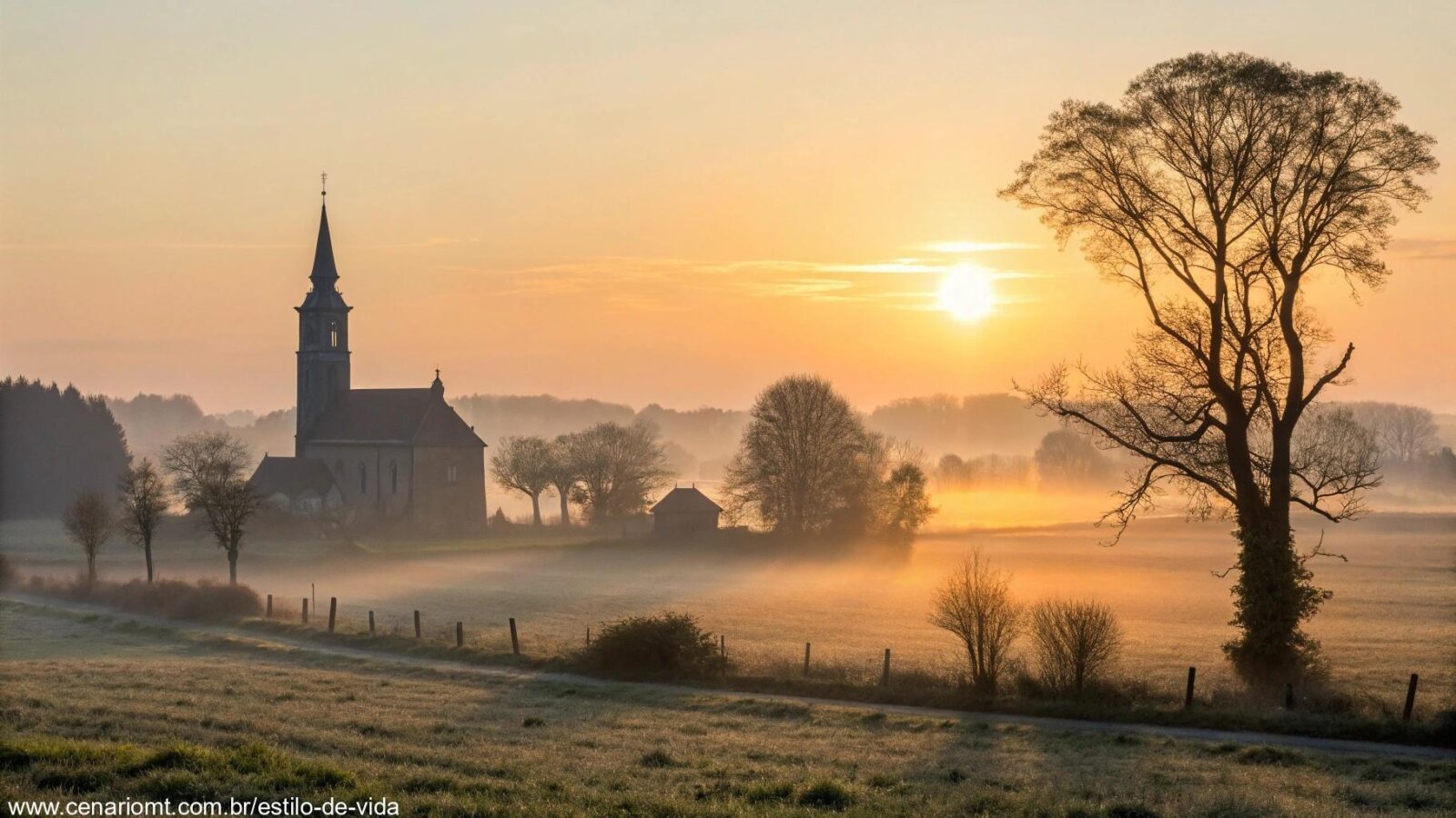 Imagem representando a liturgia do dia com um amanhecer tranquilo e uma igreja ao fundo.