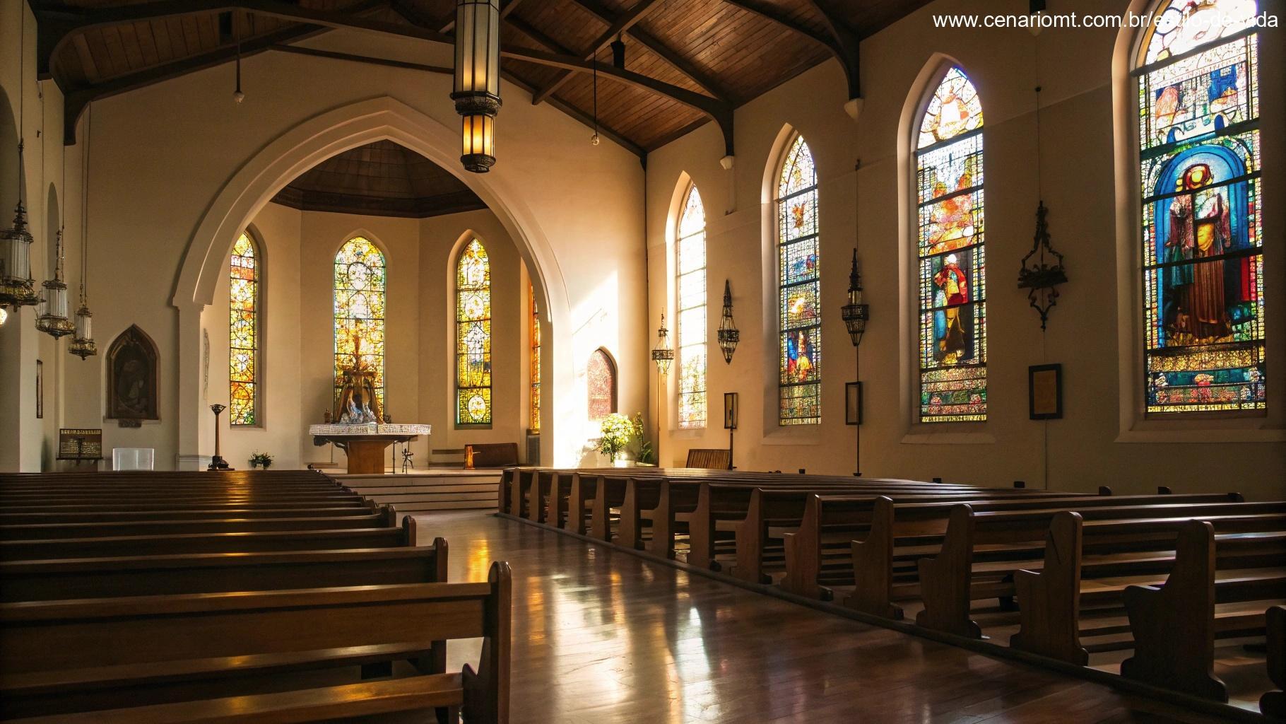 Interior pacífico de uma igreja com luz suave filtrando pelas janelas de vitrais, simbolizando reflexão e devoção na liturgia católica.