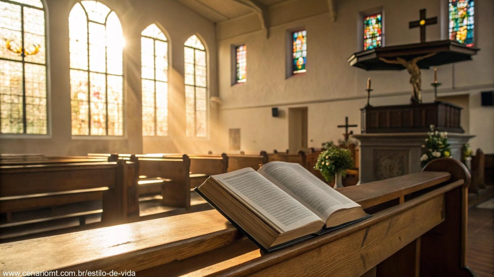 Interior de uma igreja serena com uma Bíblia aberta no altar.