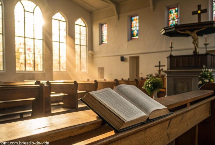 Interior de uma igreja serena com uma Bíblia aberta no altar.