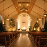 Imagem de um interior de igreja tranquilo com luz suave, destacando uma atmosfera serena para uma reflexão religiosa sobre a liturgia.