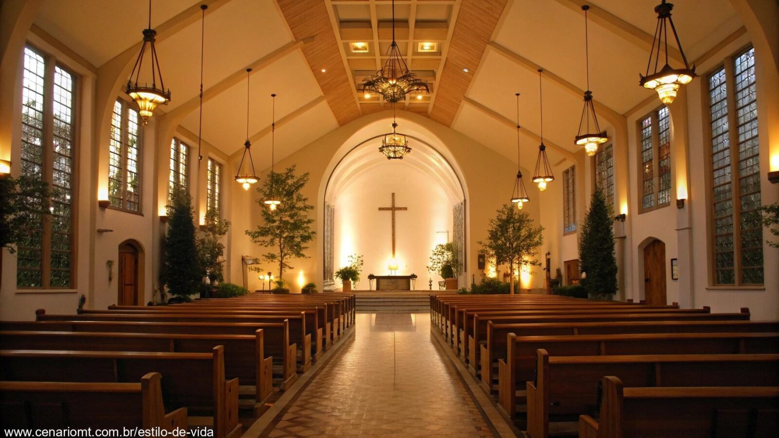 Imagem de um interior de igreja tranquilo com luz suave, destacando uma atmosfera serena para uma reflexão religiosa sobre a liturgia.