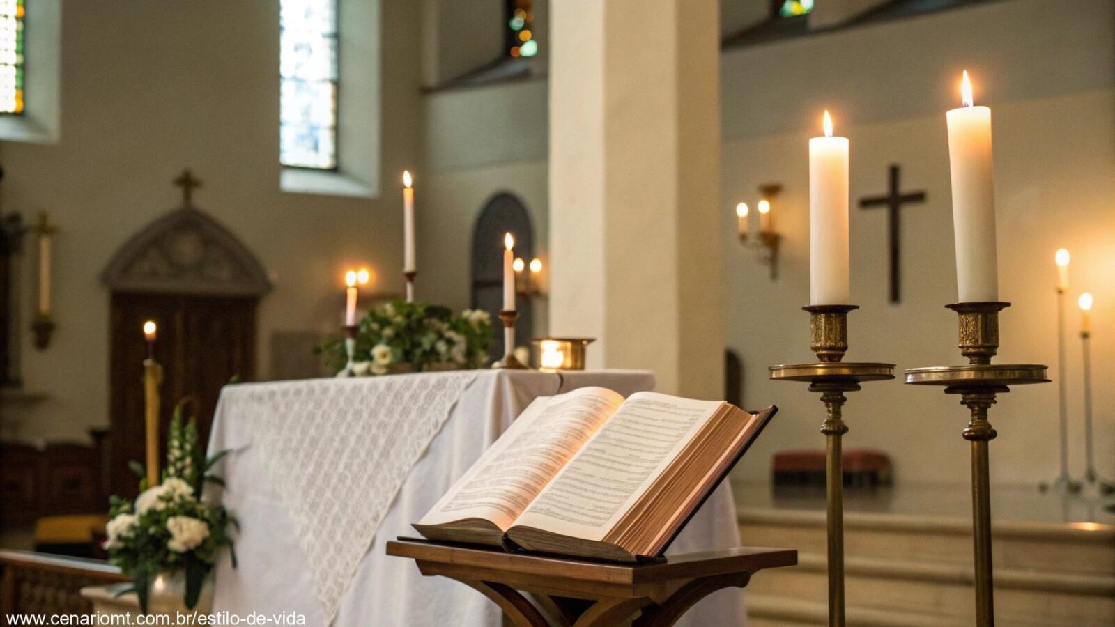 Cena serena de altar de igreja com velas e Bíblia aberta
