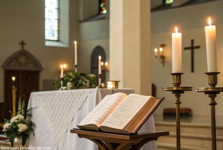 Cena serena de altar de igreja com velas e Bíblia aberta
