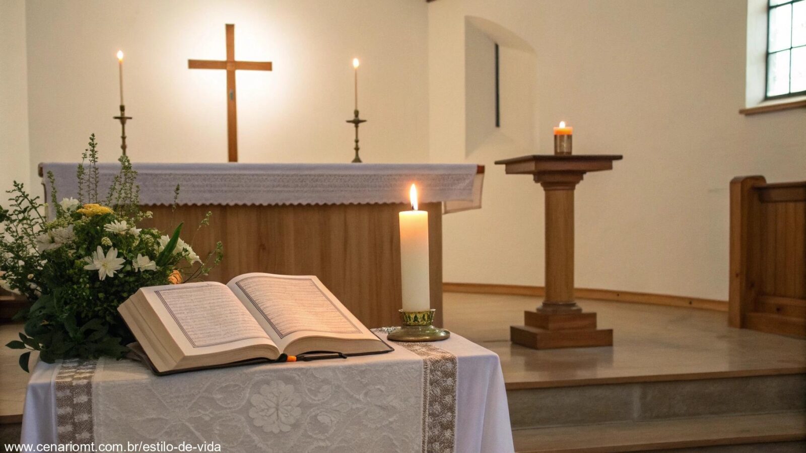 Imagem de um altar de igreja com uma Bíblia e uma vela acesa, simbolizando a reflexão diária para a liturgia de segunda-feira.