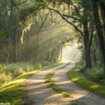 Caminho sereno em uma floresta com luz do sol filtrando através das árvores, convidando para uma caminhada de reflexão e oração.
