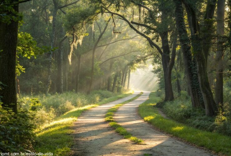 Caminho sereno em uma floresta com luz do sol filtrando através das árvores, convidando para uma caminhada de reflexão e oração.