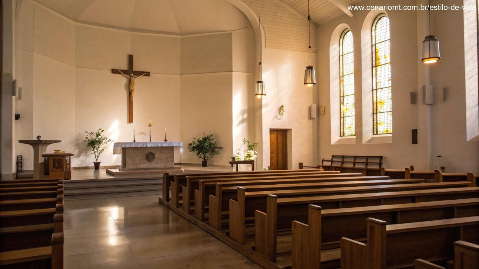 Cenário tranquilo de uma igreja representando um momento de reflexão para a liturgia de segunda-feira, 31/03/2025.