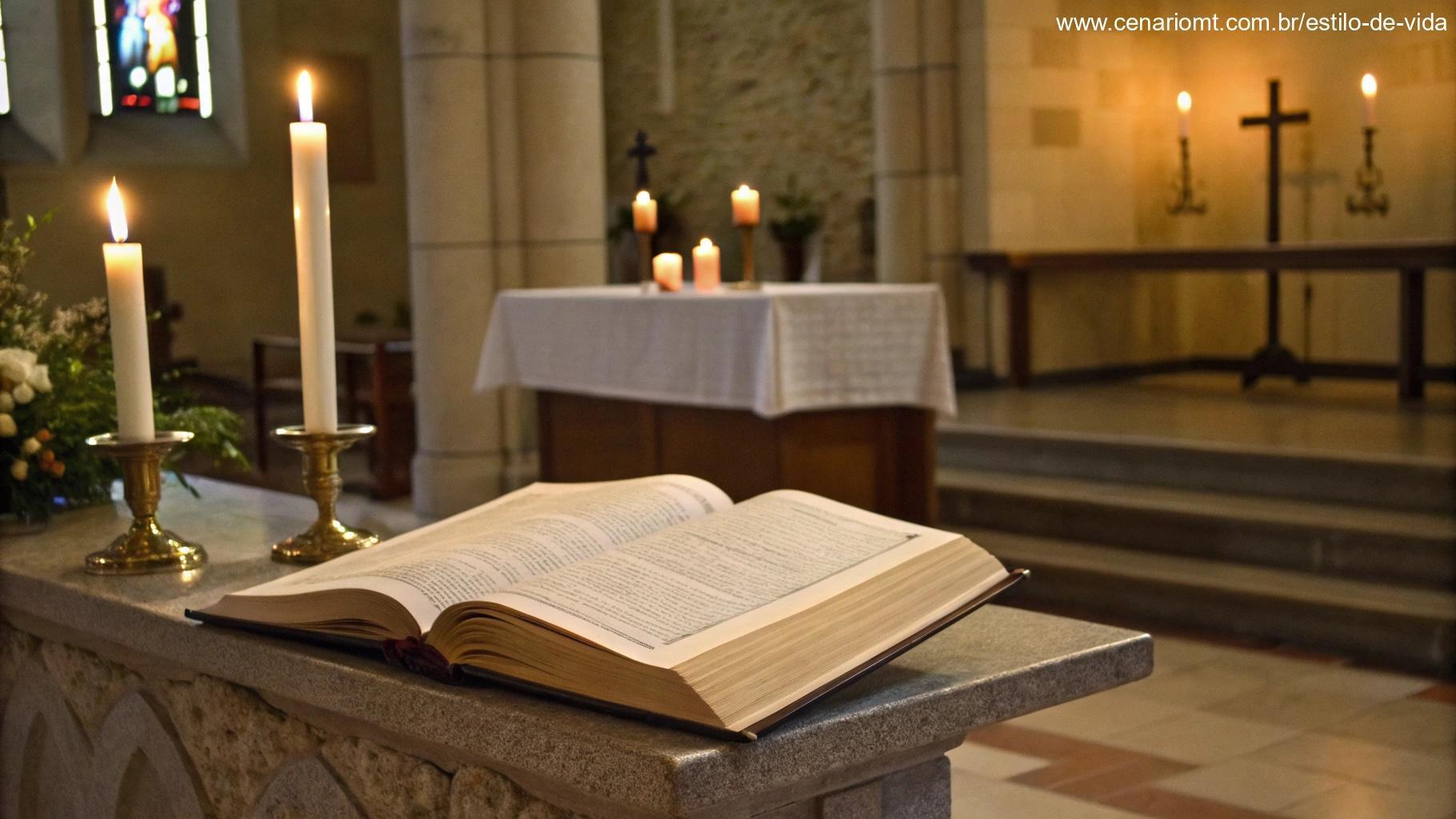 Espaço sagrado com páginas de Bíblia abertas sobre um altar, rodeado por luz suave de velas.