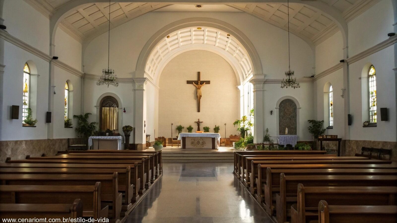 Interior de uma igreja com foco no altar, iluminado por luz suave, transmitindo tranquilidade e devoção.