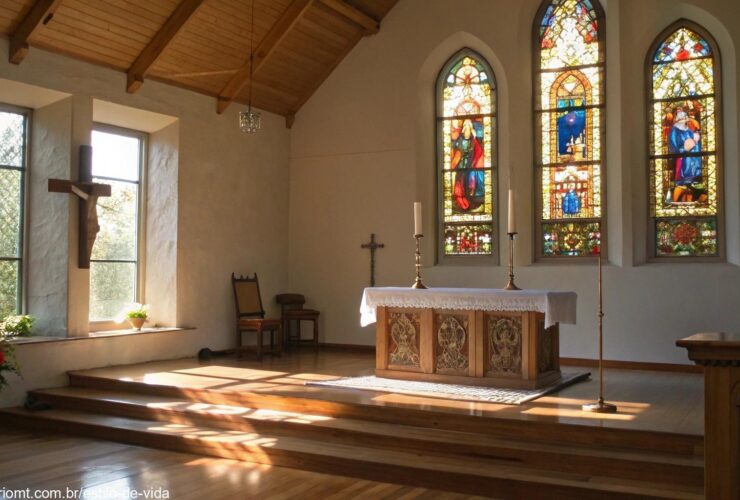 Imagem de uma igreja tranquila com luz suave entrando pelas janelas de vitrais, um altar simples e um ambiente de oração.