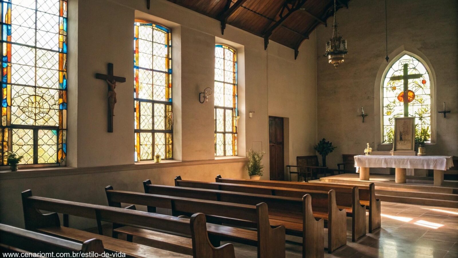 Interior de uma igreja serena com luz suave passando pelos vitrais, bancos de madeira e um altar simples com uma cruz