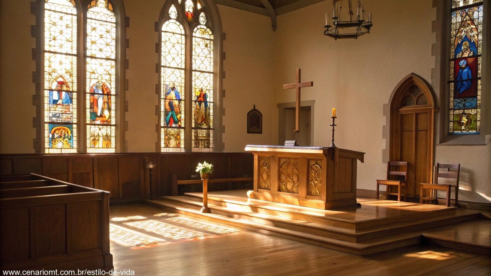 Imagem de uma igreja tranquila com luz suave através das janelas de vitrais, destacando um altar de madeira.