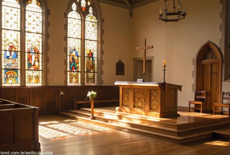 Imagem de uma igreja tranquila com luz suave através das janelas de vitrais, destacando um altar de madeira.