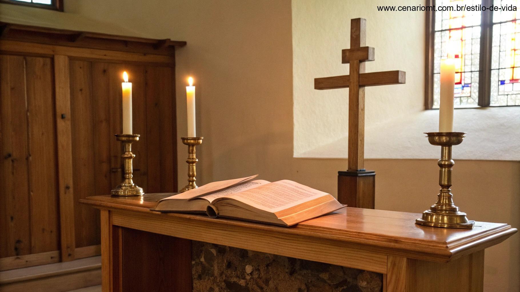 Um altar de madeira com uma cruz, velas e uma Bíblia aberta, iluminado por uma luz quente em uma igreja silenciosa