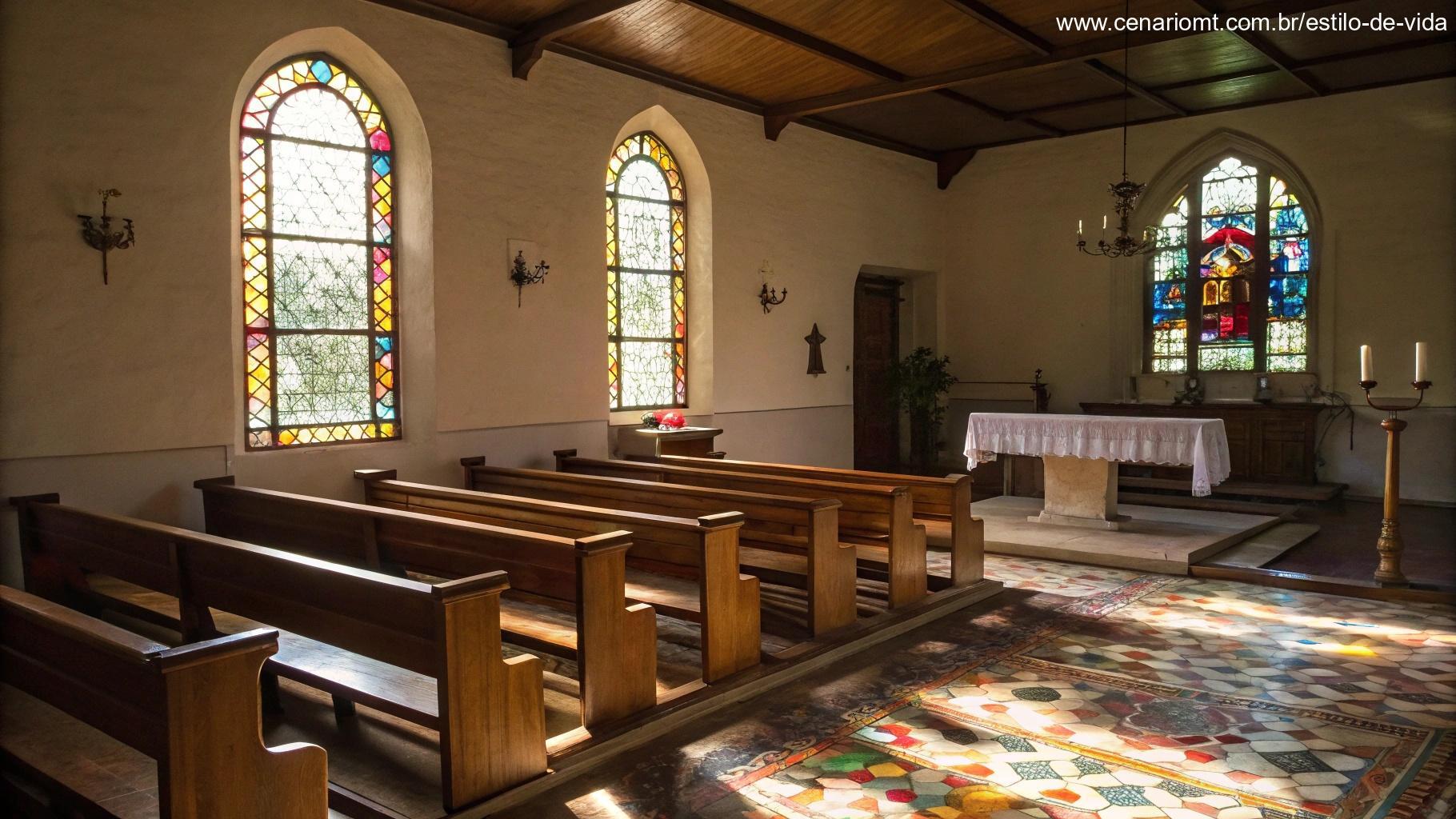 Interior silencioso de uma capela com bancos de madeira, um altar simples e luz suave entrando pelos vitrais, criando uma atmosfera pacífica e meditativa