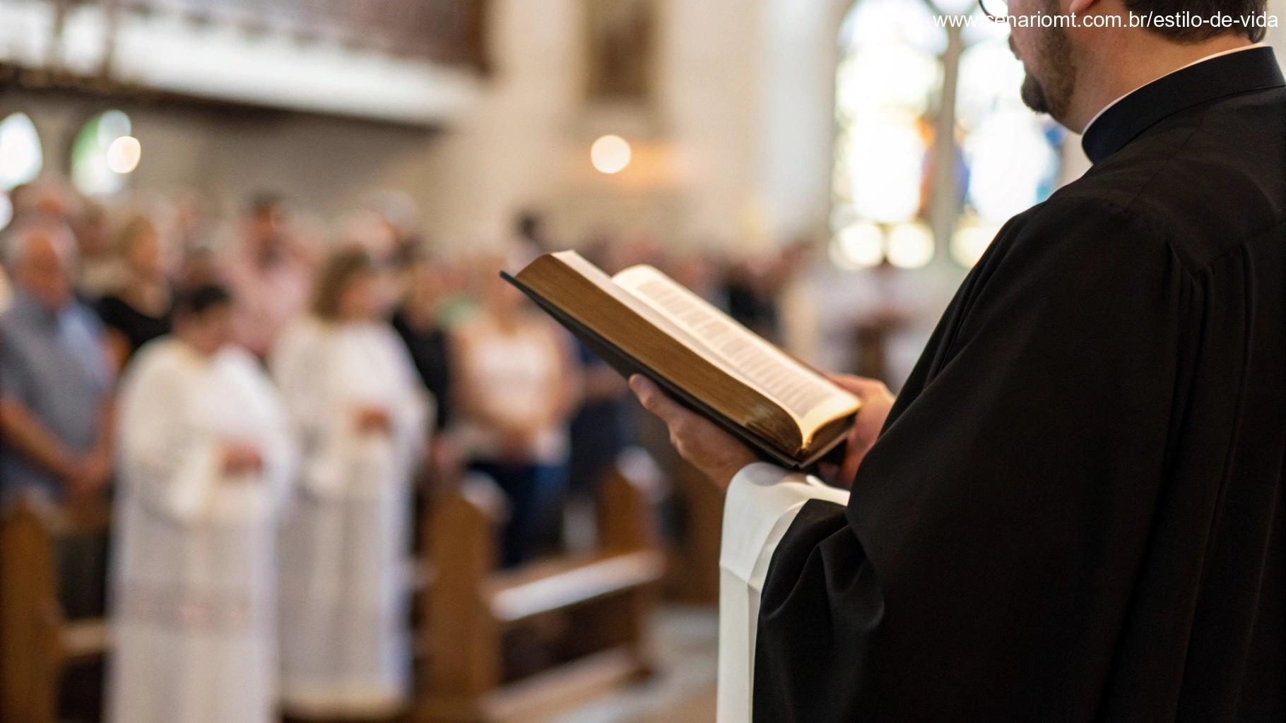 Close-up de um padre segurando uma Bíblia durante uma liturgia, com a congregação desfocada ao fundo, destacando o momento sagrado