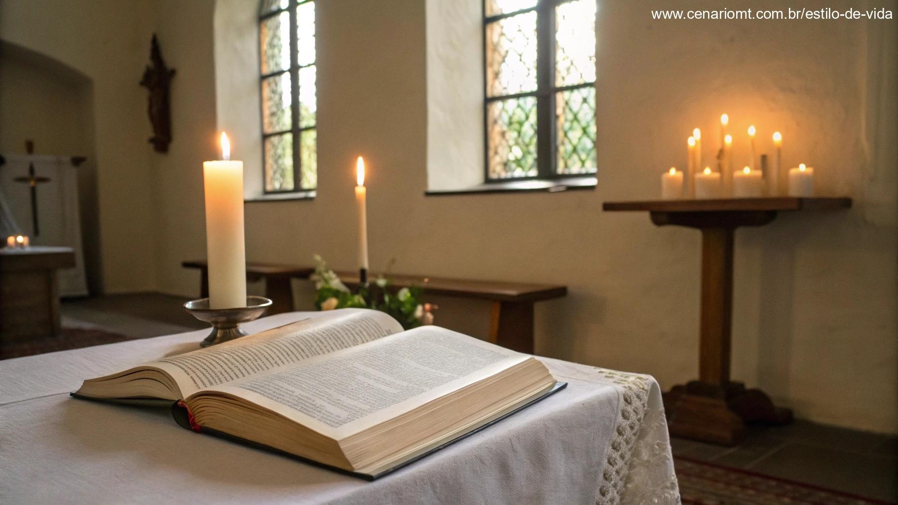 Configuração simples e bonita para liturgia e reflexões diárias, com uma Bíblia aberta sobre uma mesa rodeada por luz suave de velas, criando um ambiente pacífico e um brilho quente de uma janela próxima.