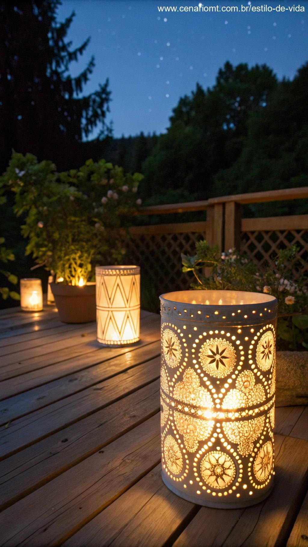 Luminárias artesanais feitas com latas recicladas e velas.