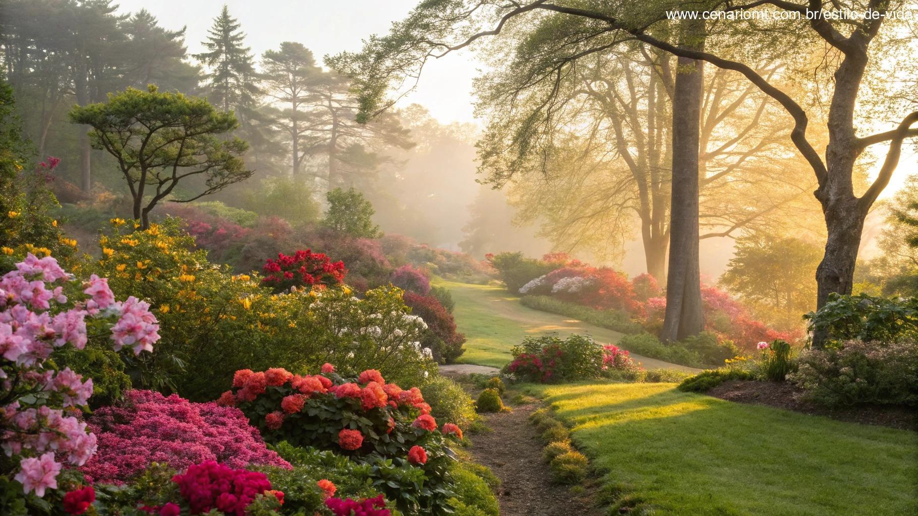 Jardim florido com luz suave da manhã criando uma atmosfera especial.