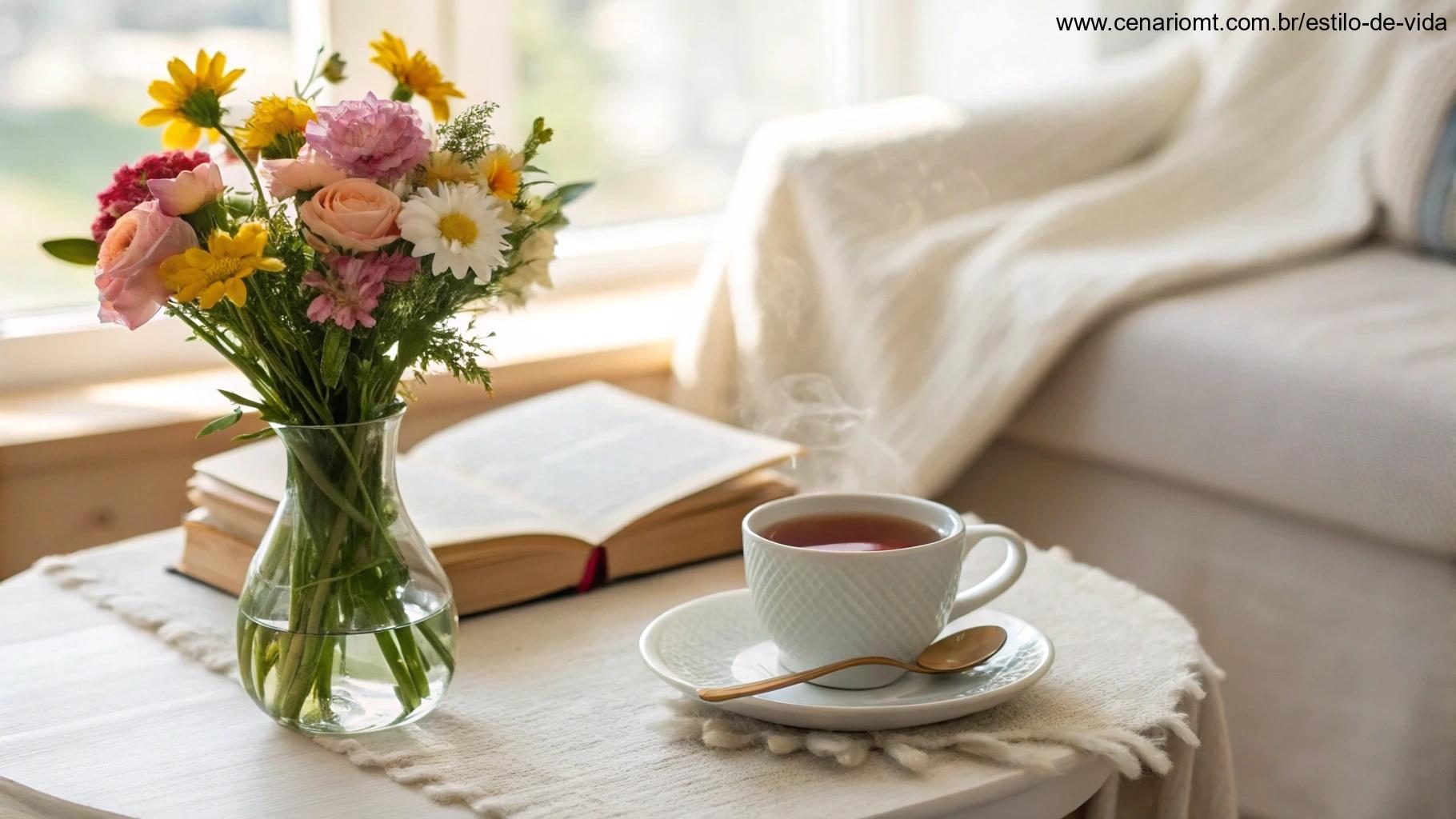 Cena de manhã fresca com uma mesa decorada com flores, chá e um livro, criando um ambiente tranquilo para um sábado de carinho.