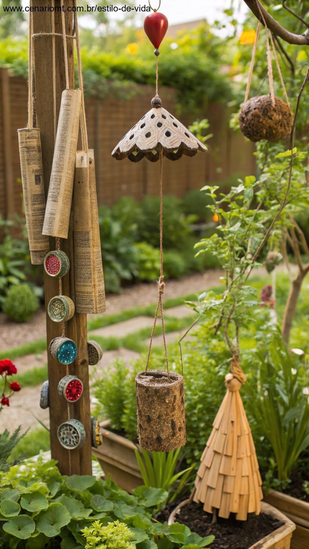 Acessórios de jardim feitos com materiais reciclados.