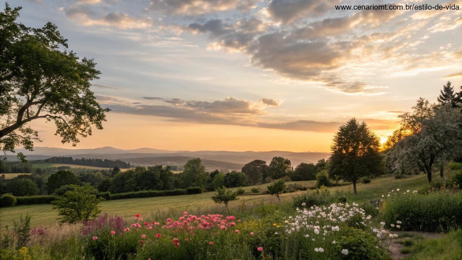 Imagem de uma tarde tranquila com um pôr do sol suave e elementos naturais de paz.