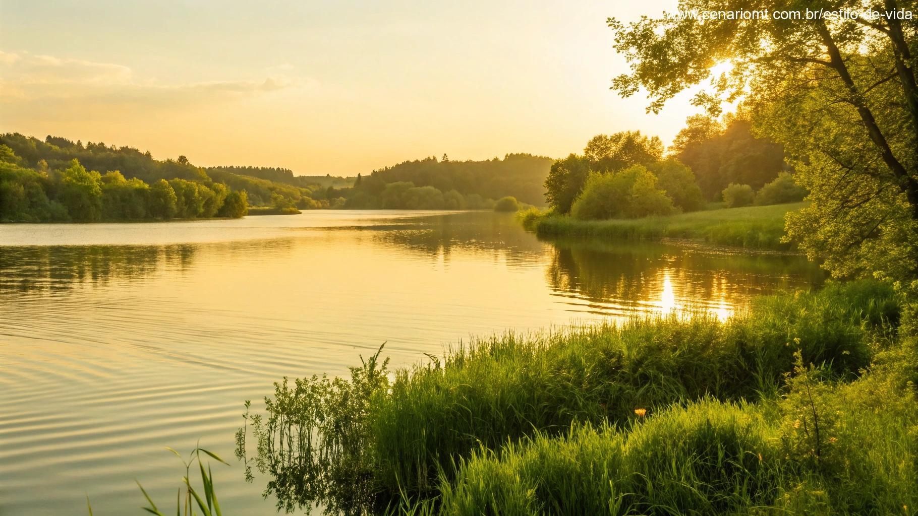 Imagem de uma tarde dourada com luz suave refletida em um lago calmo.