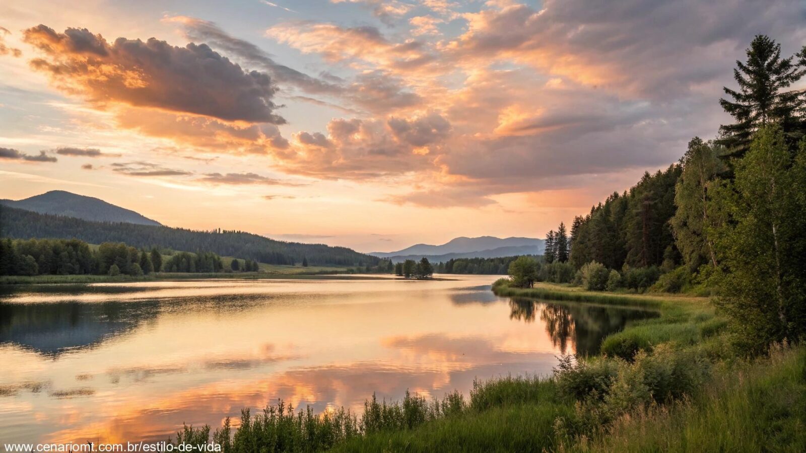 Paisagem serena com tons suaves e quentes de um pôr do sol sobre um lago tranquilo, simbolizando uma tarde tranquila de quarta-feira.